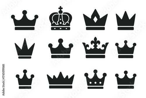 Variety of Crown Icons. Solid style icons of Crowns: classic crown, royal crown, gem crown, tall crown, spiked crown, rounded