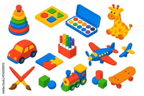 Colorful Kids' Toys. Isometric vector illustration set Creative Kids and Play: stacking rings, wooden puzzle, paint set, toy car,