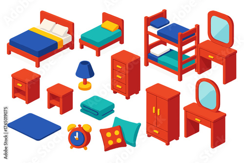Bold Bedroom Icons. Isometric vector illustration set bedroom elements collection: double bed with pillows, single bed, bunk bed,