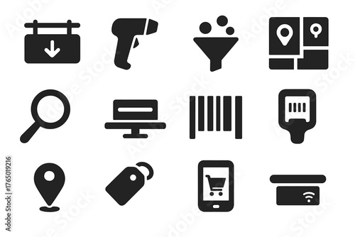 Store Navigation Icons. Solid style icons of Store navigation: aisle sign, product scanner, category filter, store map, product