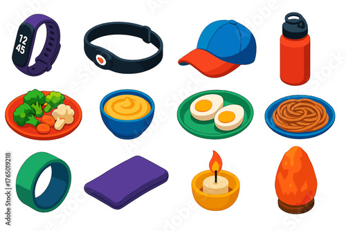 Healthy Lifestyle Icons. Isometric vector illustration set Healthy Lifestyle: fitness tracker, heart rate strap, running cap,
