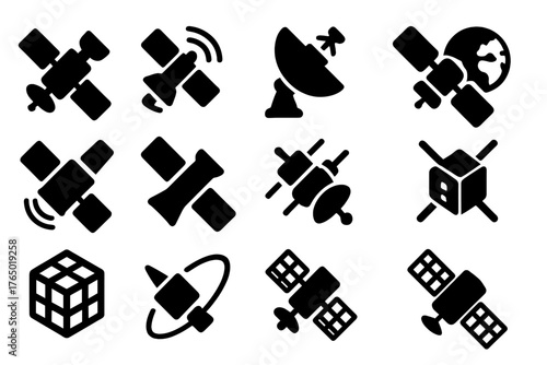 Satellite Icons Collection. Solid style icons of satellites and orbital equipment: communication satellite, GPS satellite icon,