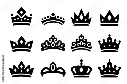 Luxury Crown Icons. Solid style icons of Luxury crowns: diamond crown, pearl tiara, crystal crown, ruby crown, sapphire crown,