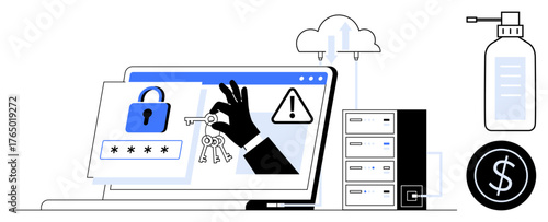 Hacking hand with keys over laptop password screen, server stack, cloud, cash icon, sanitizer bottle. Ideal for cybersecurity, hacking awareness, phishing, online protection data theft system