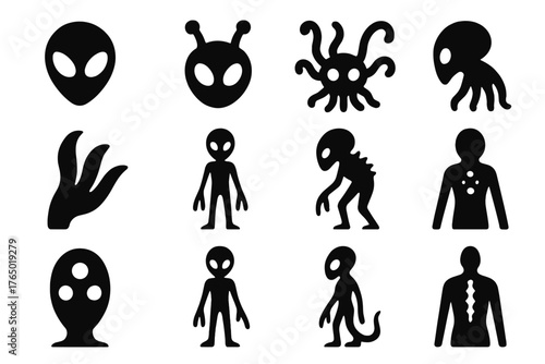 Alien Anatomy Icons. Solid style icons of Alien anatomy: big eyes, antenna, tentacles, claws, three fingers, spiked head, slim