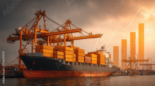 Cargo ship unloads containers at a shipping port with a backdrop of sunset and a profit graph in the sky
