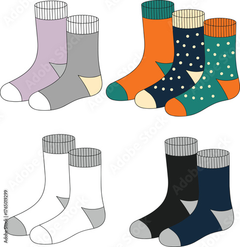 Sock design vector set with colorful patterns, plain and striped styles, clothing template illustration, fashion and textile mockup