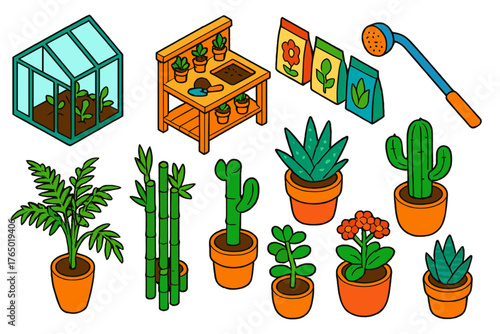 Gardening Tools & Plants. Isometric vector illustration set featuring tools and plants: greenhouse, potting bench, seed packets,