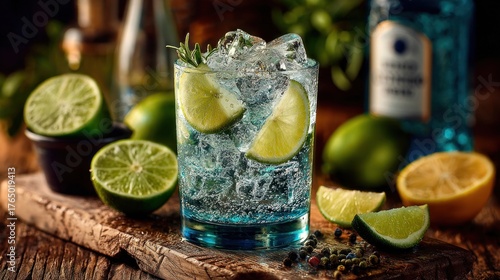 Wallpaper Mural A vibrant cocktail made with fresh lime, ice, and fizzy water sits elegantly on a wood surface Torontodigital.ca