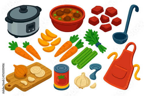 Cooking Essentials Isometric. Isometric vector illustration set cooking themes: slow cooker, stew bowl, beef chunks, potato wedges