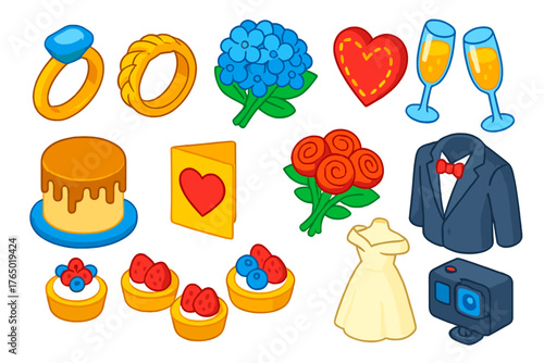 Wedding Celebration Icons. Isometric vector illustration set rings, flowers, heart, toast, cake, card, dress, camera: oval