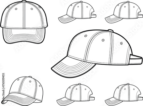 Cad drawing flat vector illustration of baseball cap technical sketch, hat design template, unisex fashion headwear front and side views
