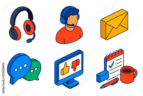 Customer Support Tools. Isometric vector illustration set headset, support agent, email, messaging, feedback, inquiry: wired
