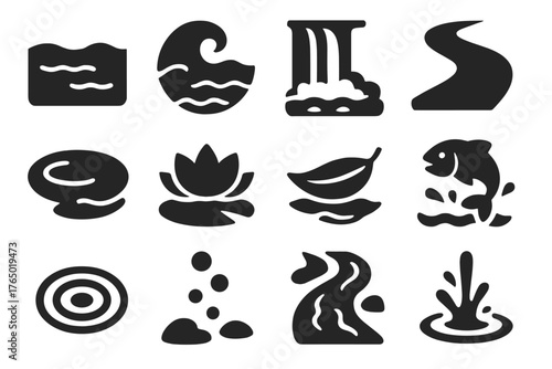 Aquatic Icon Collection. Solid style icons of Aquatic nature: lake, ocean wave, waterfall, river bend, pond surface, water lily,