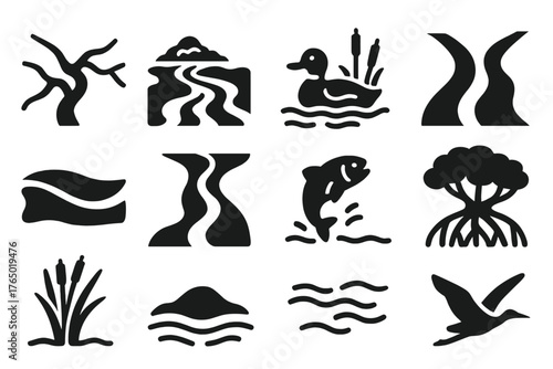 River Delta Icons. Solid style icons of River Delta: branching channels, flowing sediment, wetland wildlife, meeting of waters,