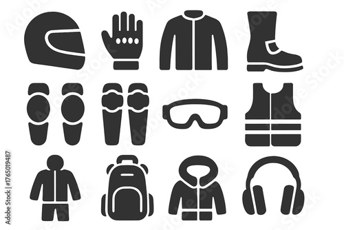 Riding Gear Icons. Solid style icons of Riding gear and safety: helmet, gloves, jacket, boots, knee pads, elbow pads, goggles,