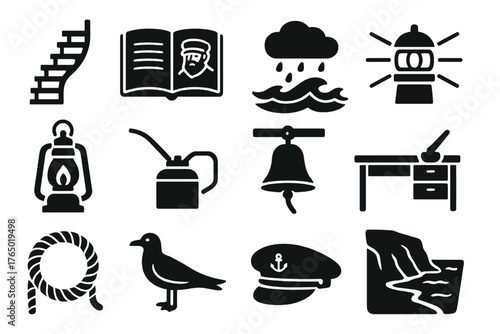 Lighthouse Keeper Essentials. Solid style icons of Lighthouse Keeper: spiral staircase, keeper logbook, stormy sea, lighthouse