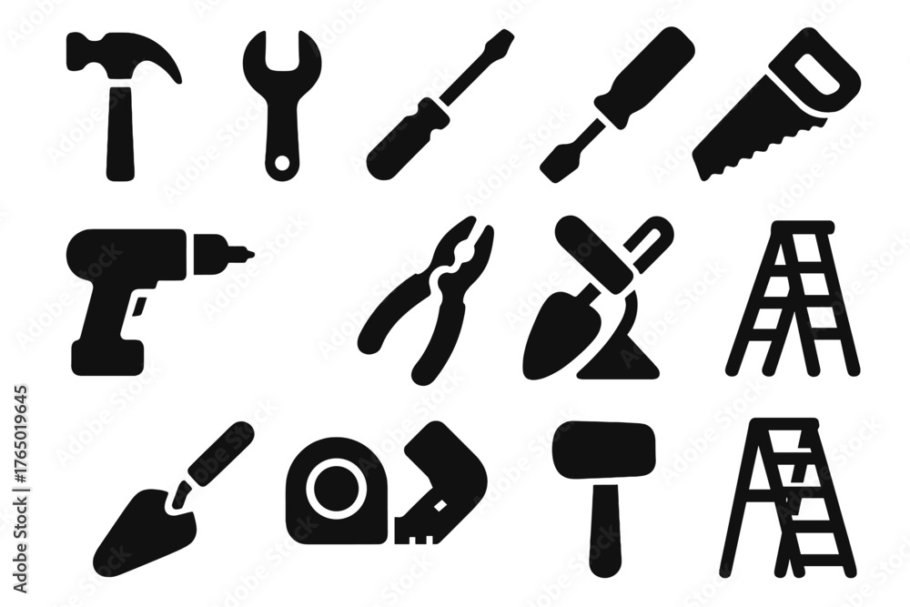 Fototapeta premium Construction Tools Icons. Solid style icons of Construction tools: hammer, wrench, screwdriver, saw, drill, pliers, chisel, shovel
