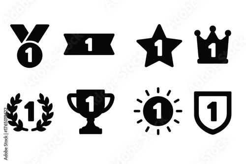 First Place Icons. Solid style icons of First place: number 1 medal, golden ribbon, podium first spot, star with 1, crown on 1,