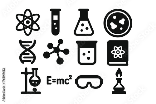 Science Icons Collection. Solid style icons of Science: atom model, test tube, chemical flask, petri dish, DNA helix, molecule