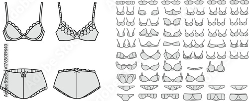 Cad drawing flat vector illustration of women lingerie set, bra and panties technical sketch, underwear design fashion template