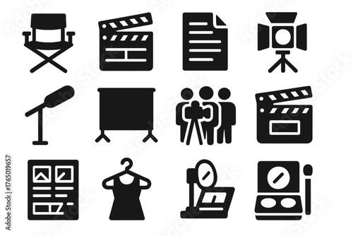 Film Production Icons. Solid style icons of film production: director chair, movie clapboard, script page, stage light, boom mic,