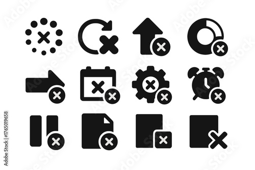 Action Interruption Icons. Solid style icons of action interruption: loading cancel, sync stop icon, cancel upload, stop progress