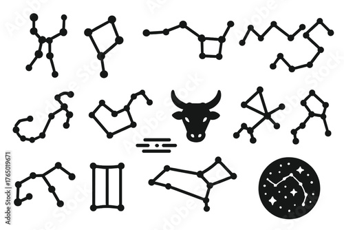 Constellation Icon Collection. Solid style icons of Constellations: Orion, Big Dipper, Little Dipper, Cassiopeia, Scorpius, Leo,