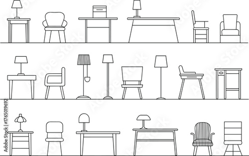 Cad drawing flat vector illustration of modern furniture collection, tables, chairs, lamps and desks, minimalist interior line art