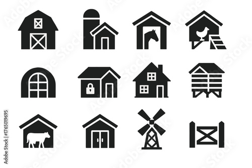 Farm Building Icons. Solid style icons of Farm buildings: barn, silo, stable, chicken coop, greenhouse, tool shed, farmhouse,