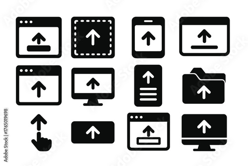 Upload Interface Icons. Solid style icons of web and app upload interfaces: browser upload button, drag and drop icon, app upload
