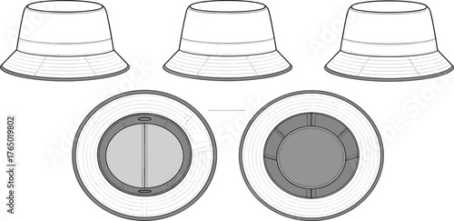 Bucket hat fashion flat, front side and top view technical drawing, unisex summer accessory design template, cad drawing flat vector illustration