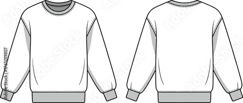 Unisex crewneck sweatshirt front and back view, classic pullover design with ribbed cuffs and hem, fashion template cad drawing flat vector illustration