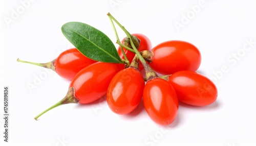 Vibrant and Freshly Harvested Goji Berries with Green Leaf Isolated on White Background