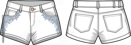 Women’s embroidered denim shorts with floral lace detail, front and back view, summer fashion clothing design, cad drawing flat vector illustration