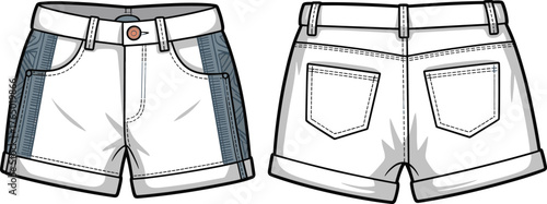 Women’s denim shorts with side panels, cuffed hem, and pockets, casual summer clothing fashion design, cad drawing flat vector illustration