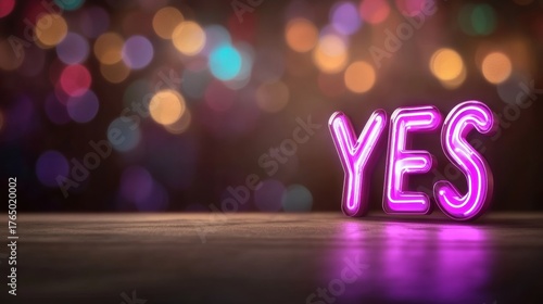 Bright neon 'Yes' sign glows against a blurred colorful background