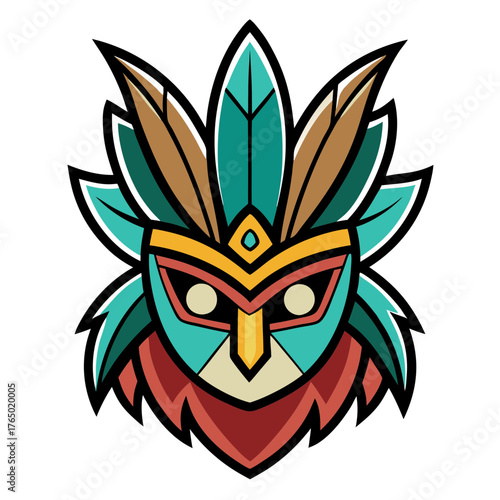 Tribal mask vector illustration with feathers and geometric shapes for graphic design projects