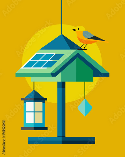 A solarpowered bird feeder allowing for sustainable feeding of local bird populations while reducing energy consumption.. Vector illustration