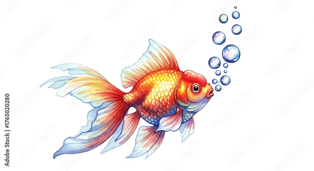 Fototapeta premium Illustration of a goldfish swimming upwards, releasing a trail of bubbles against a white background.