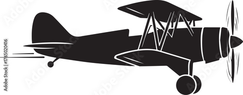 Classic biplane silhouette flying through the air with propeller spinning