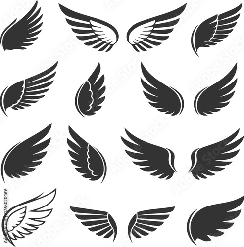 Collection of diverse stylized wing silhouettes for design and decoration