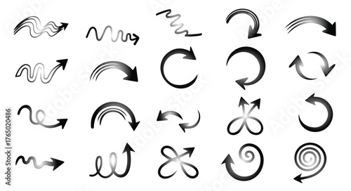 Collection of hand drawn black arrows in various styles and directions on white background
