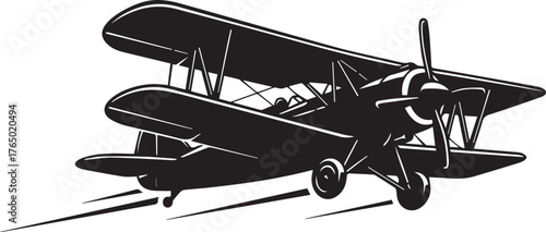 Vintage biplane aircraft in silhouette flying against a white background