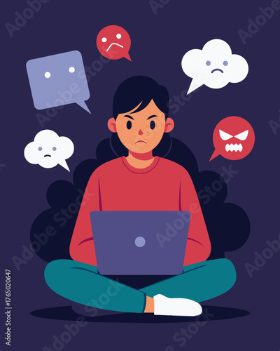 A person dreading going online knowing they will be bombarded with hateful messages and threats.. Vector illustration