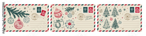Christmas postcard, card with tree and ball, hand drawn illustration.	
