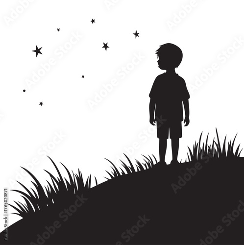Child Standing On Hilltop Horizon Silhouette Vector Scene