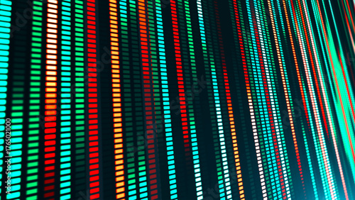 An illustration with many colored glowing lines and square segments going into the distance. The effect of movement from neon light. Suitable for themes related to technology, futurism and club visual