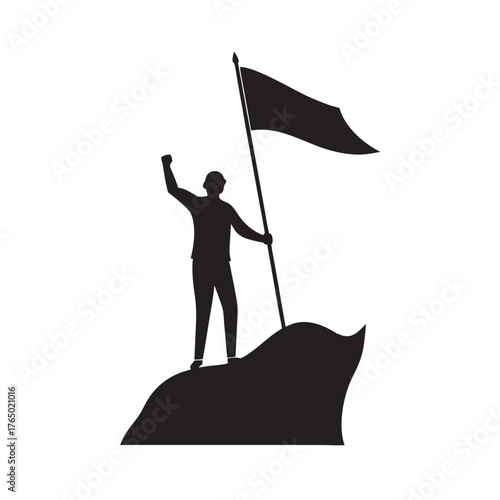 Man On Cliff With Flag Horizon Silhouette Vector Illustration
