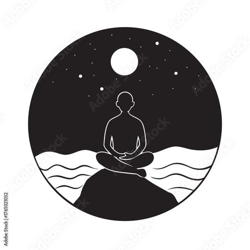 Man Sitting On Rock Watching Horizon Silhouette Vector Artwork